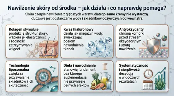 Jak nawilżyć skórę od środka? Kolagen, kwas hialuronowy, antyoksydanty, dieta i nawodnienie to klucz do pięknej cery.