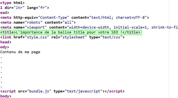 Code html montrant la balise title pour le SEO.