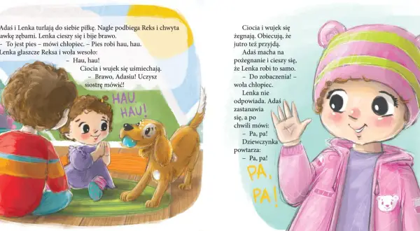 Adaś i Lenka bawią się z pieskiem Reksem. Wujek mówi na dziecko "Adasiu!". Dzieci machają na pożegnanie.