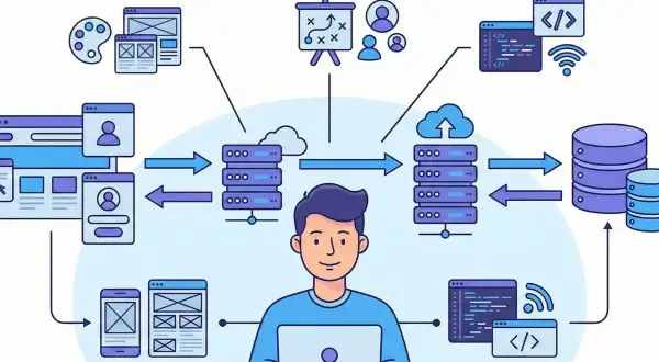 Un programador full stack diseña interfaces, gestiona servidores y bases de datos, y escribe código.