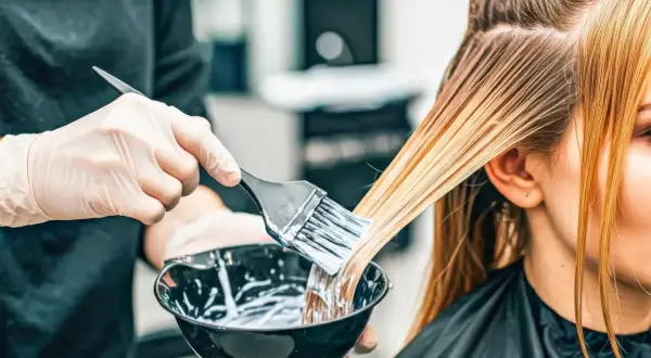 Hårstylist applicerar färg för att skapa slingor i grått hår.