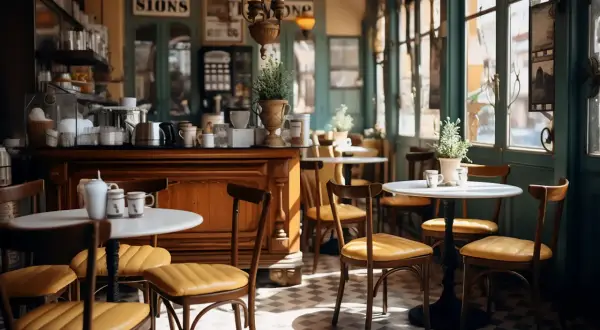 Przytulne bistro i restauracja z drewnianym blatem, żółtymi krzesłami i stolikami. W tle widać okna i zielone drzwi.