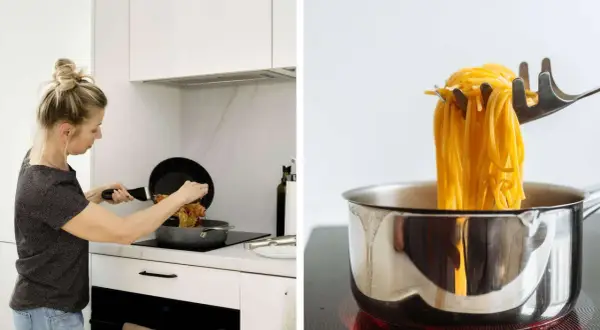 Frau kocht ein einfaches Bolognese Rezept. Spaghetti werden aus einem Topf gehoben.