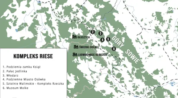 Mapa atrakcji w Górach Sowich: Kompleks Riese, Podziemia Zamku Książ, Pałac Jedlinka, Włodarz, Podziemne Miasto Osówka, Sztolnie Walimskie, Muzeum Molke.