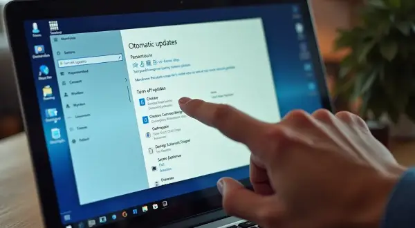 Palec wskazuje opcję "Turn off updates" na ekranie laptopa, pokazując, jak wyłączyć aktualizacje Windows 10.