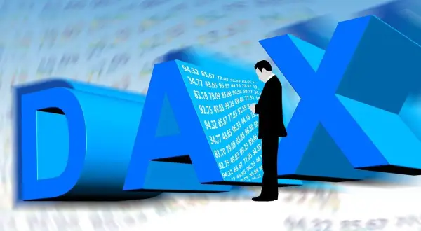 Biznesmen analizujący dax futures notowania. Trójwymiarowe litery DAX i wykresy giełdowe.