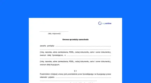 Prosta umowa kupna-sprzedaży samochodu, zawierająca dane sprzedającego i kupującego oraz przedmiot umowy.