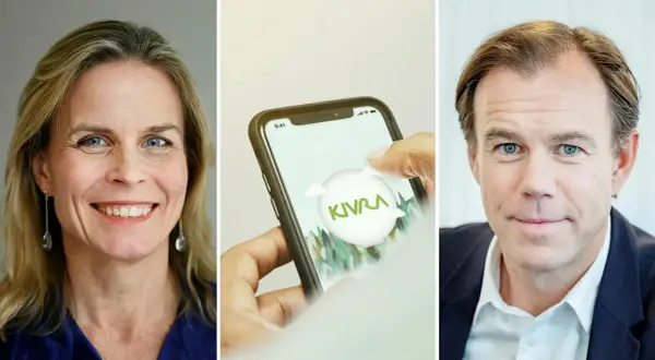 Kivra grundare, en kvinna och en man, med en mobil som visar Kivra-appen.