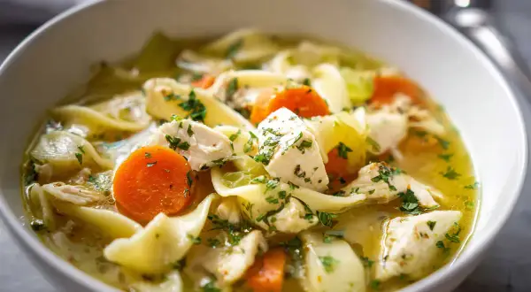 En skål med värmande kycklingsoppa med nudlar, morötter och selleri. Ett perfekt kycklingsoppa recept för kalla dagar.