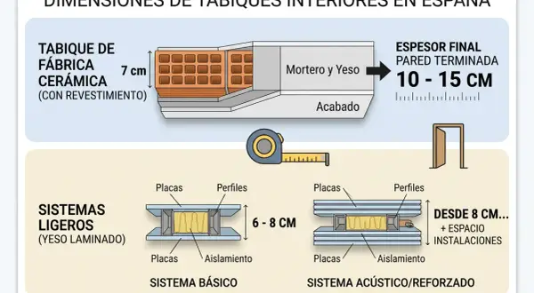Ilustración compara tipos de tabiques interiores: fábrica cerámica (10-15 cm) y sistemas ligeros (básico 6-8 cm, acústico desde 8 cm).