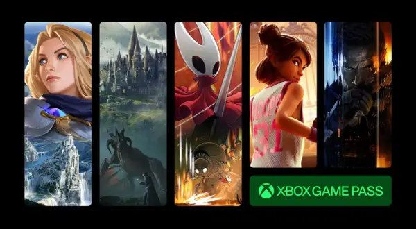 Kolaż z gier: postać z LoL, Hogwart, Hollow Knight, postać z gry sportowej, postać z gry akcji. Logo Xbox Game Pass.