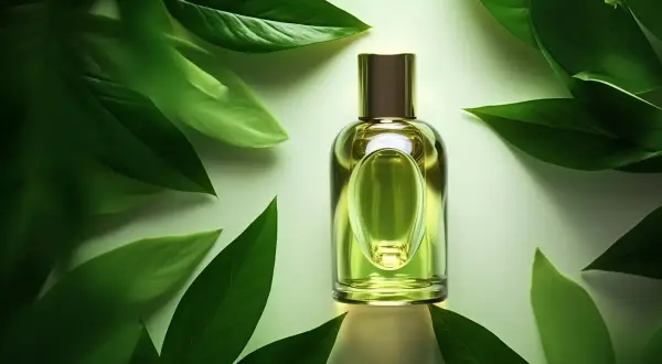 Perfumy o zapachu drzewa cedrowego otoczone soczystą zielenią.