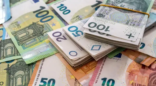 Stos banknotów euro i polskich złotych, symbolizujący jednorazową amortyzację de minimis.