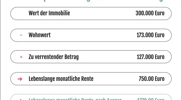 Beispielrechnung: Haus auf Rentenbasis verkaufen. Wert 300.000€, Wohnwert 173.000€, zu verrentender Betrag 127.000€. Monatliche Rente 750€.