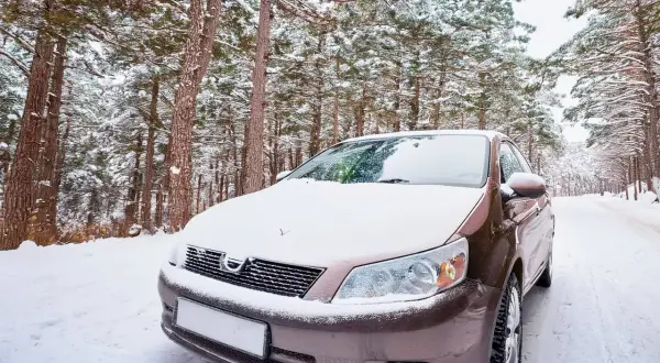 Voiture marron dans la neige, au milieu d'une forêt de pins enneigée. Le frein à main bloqué rend la situation délicate.