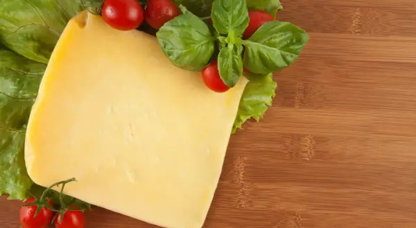 Pyszny ser żółty dla psa, z pomidorkami i bazylią na desce.