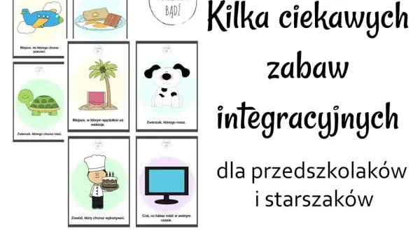 Karty do zabawy integracyjnej dla klasy 4: samolot, śniadanie, żółw, palma, pies, kucharz, telewizor.