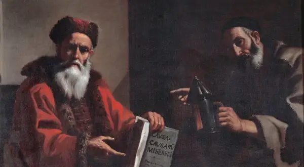 Dwóch mężczyzn, jeden z białą brodą, trzyma księgę z napisem "CAVSA CAVSARVM MISERERE". Drugi wskazuje na przyrząd, symbol racjonalizmu.