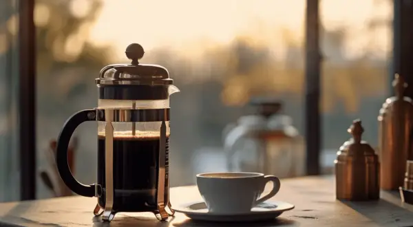 En brygga presskaffe står redo vid fönstret, med en kopp kaffe som väntar. Solen lyser genom glaset.