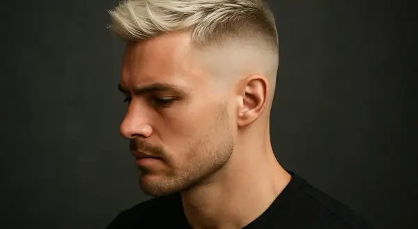 Mann mit blondem Haar und einem präzisen drop fade Haarschnitt, der nach unten hin ausläuft.