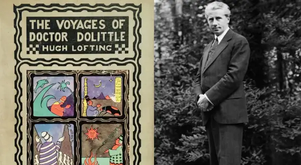 Okładka książki "The Voyages of Doctor Dolittle" Hugh Loftinga i czarno-białe zdjęcie autora.