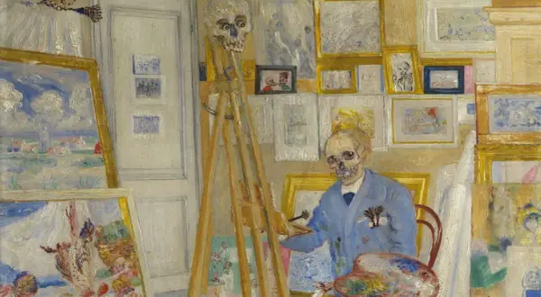 Ein Skelett im Atelier, umgeben von Bildern, ein Pinsel in der Hand. Ein Werk des Symbolismus Kunst, das die Vergänglichkeit des Lebens thematisiert.