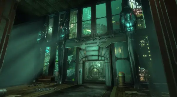 Wejście do Rapture z napisem "Welcome to Rapture. Opportunity awaits" i rzeźbami.