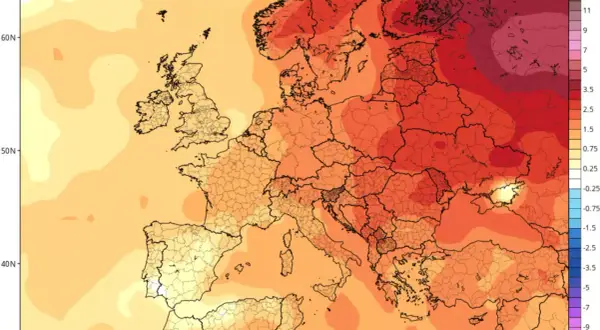 Mapa Europy z kolorami wskazującymi temperaturę. Ciepła pogoda na święta wielkanocne w większości krajów, chłodniej na północy.