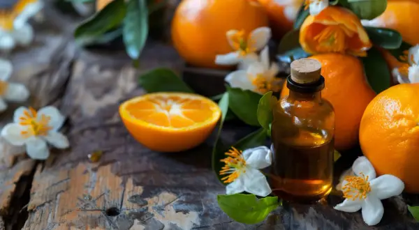 Eine Flasche Neroliöl neben Orangen und Blüten. Die positive neroli wirkung psyche wird durch den Duft der Blüten unterstrichen.