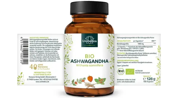 Bio Ashwagandha Kapseln von Unimedica. Unterstützt das Wohlbefinden und kann bei der Regulierung des Blutdrucks helfen. 180 Kapseln.