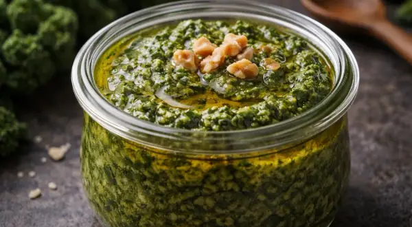 Słoik pełen aromatycznego pesto z jarmużu, ozdobiony orzechami. Idealny dodatek do makaronu lub kanapek.