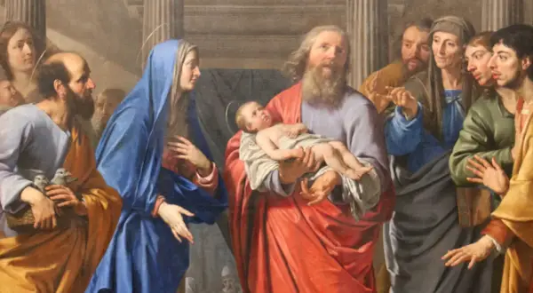 Obraz przedstawia scenę z życia Maryi i Jezusa, przypominającą tajemnice radosne różańca.