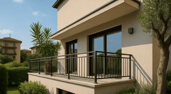 Un balcone moderno, ideale per la ristrutturazione, con ringhiera nera e piante verdi.