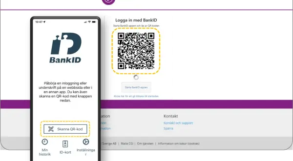 Mobiltelefon visar BankID-app för att skanna QR-kod på datorn för inloggning.