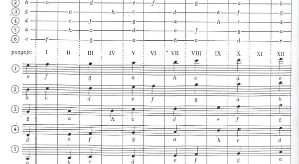 Tabela przedstawia rozmieszczenie dźwięków na chwytni gitary, tworząc **drzewo nutowe** dla kolejnych pozycji i progów.
