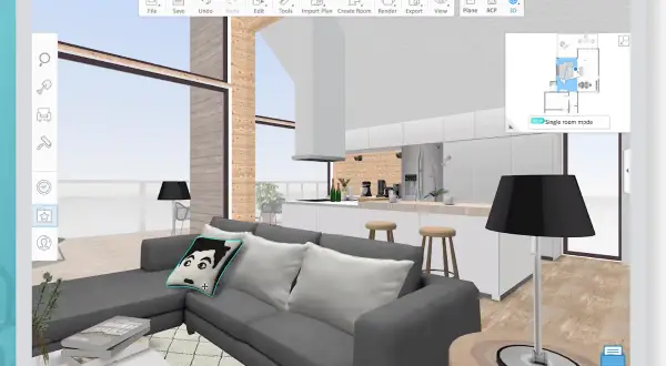 Software per progettare e decorare la casa: un soggiorno moderno con divano grigio, cuscini, lampada e cucina a vista.