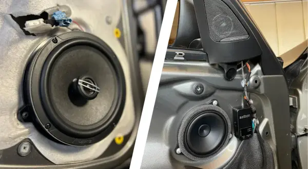 Installazione di un nuovo sound system auto: altoparlanti Hertz e Audison montati su una portiera.