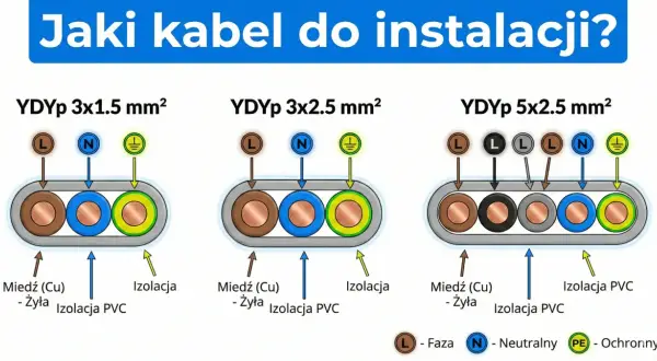 Jaki kabel od skrzynki do domu 16kW? Schemat pokazuje przekroje kabli YDYp 3x1.5, 3x2.5 i 5x2.5 mm², z żyłami miedzianymi i izolacją PVC.