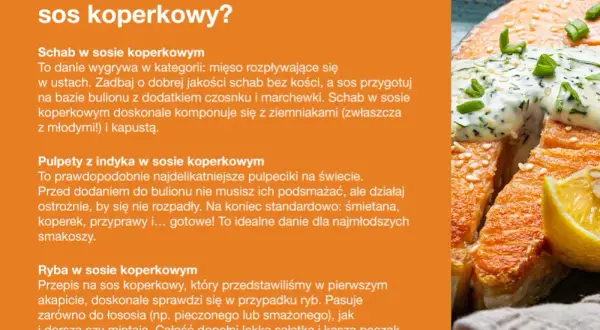 Kawałek pieczonego łososia polany kremowym sosem koperkowym, udekorowany szczypiorkiem i cytryną.