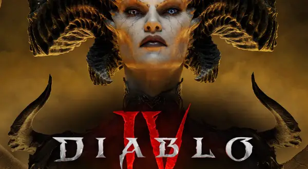 Portret Lilith z gry Diablo IV z rogami i logo gry.