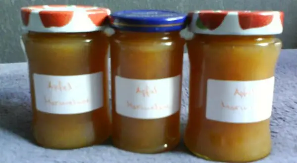 Drei Gläser hausgemachte Apfelmarmelade, bereit zum Genießen. Ein einfaches Apfelmarmelade Rezept, das schmeckt!