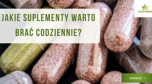 Zbliżenie na kapsułki z suplementami. Tekst: "Jakie suplementy warto brać codziennie?". Logo HempKing.