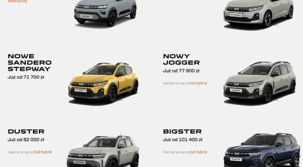 Dacia modele: Spring, Sandero, Sandero Stepway, Jogger, Duster, Bigster. Różne wersje, w tym elektryczne i hybrydowe.