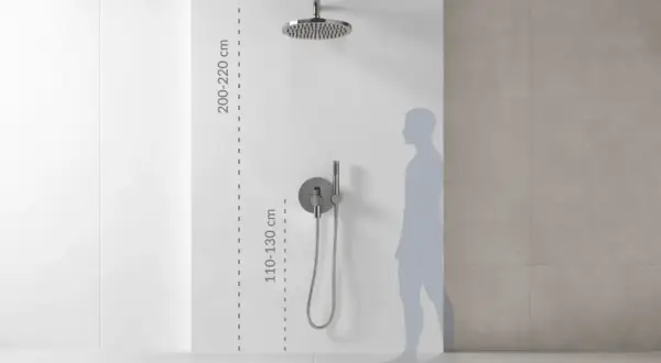 Wysokość montażu baterii prysznicowej: deszczownica 200-220 cm, panel sterujący 110-130 cm.