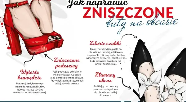 Czerwone szpilki z odklejającą się podeszwą i wytartymi krawędziami. Czarna para z uszkodzonym obcasem i zdartymi czubkami. Jak naprawić **za małe buty** na obcasie.