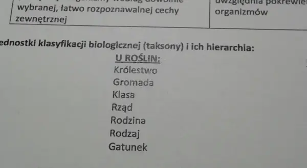 Tabela przedstawia jednostki klasyfikacji biologicznej (taksony) i ich hierarchię dla roślin i zwierząt, od królestwa do gatunku.