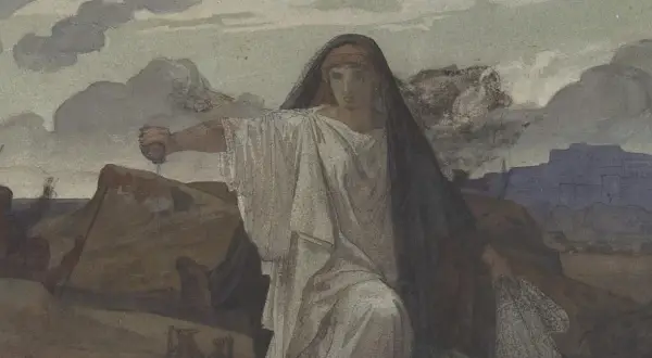 Antygona w białej todze i czarnym welonie, trzymająca miecz, na tle krajobrazu z miastem.