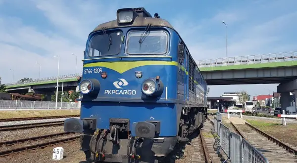 Niebieska lokomotywa PKPCargo ST44-1206 na torach w Kutnie, pod zielonym wiaduktem.