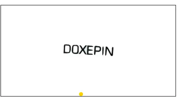 Napis "DOXEPIN" na białym tle. Pod nim mała żółta kropka.