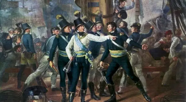 Militärer i uniform på ett skepp, en pekar. Kanske en scen med Karl XIII.